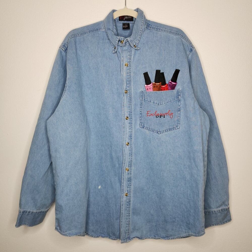 Vintage OPI Nail Polish Salon Hair Dresser 90s Denim Button Flannel Shirt Promo
